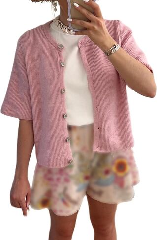 Women Button Down Ribbed Cardigan Short Sleeve Crew Neck Open Front Sweater Y2k Fall Knit Crop Shirts Outwear in Kuwait