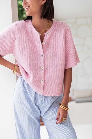 Women Button Down Ribbed Cardigan Short Sleeve Crew Neck Open Front Sweater Y2k Fall Knit Crop Shirts Outwear in Kuwait