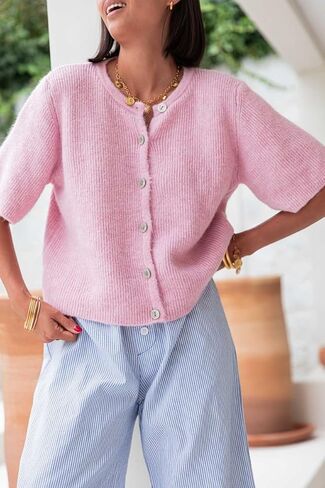 Women Button Down Ribbed Cardigan Short Sleeve Crew Neck Open Front Sweater Y2k Fall Knit Crop Shirts Outwear in Kuwait