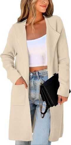 Women's Open Front Cardigan Sweater Long Sleeve Casual Knit Lapel Coatigan Coat in Saudi Arabia