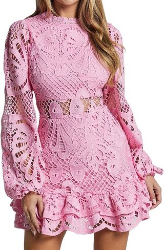 Women's Spring Long Sleeve Embroidery Mini Dress Ruffle Hollow Out Sexy Lace Dress in Saudi Arabia