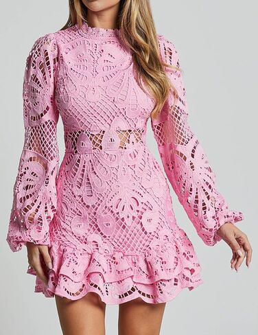 Women's Spring Long Sleeve Embroidery Mini Dress Ruffle Hollow Out Sexy Lace Dress in Saudi Arabia
