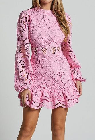 Women's Spring Long Sleeve Embroidery Mini Dress Ruffle Hollow Out Sexy Lace Dress in Saudi Arabia