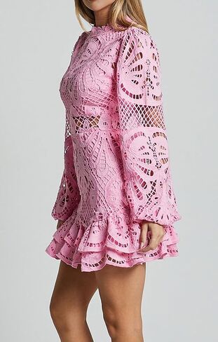 Women's Spring Long Sleeve Embroidery Mini Dress Ruffle Hollow Out Sexy Lace Dress in Saudi Arabia