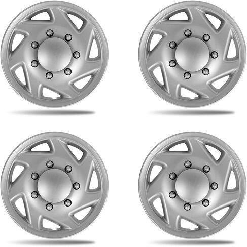 أغطية عجلات مقاس 16 بوصة لسيارة Ford E150/E250/E350 Econoline Vans & Clubwagon 1992-2014 | 1992-2003 E350 كوتاواي | 2003-2007 E350 شاسيه كاب | 2008-2025 E250/E350/E450 كوتاواي | 4 عبوات من أغطية الإطارات الفضية اللامعة in Kuwait