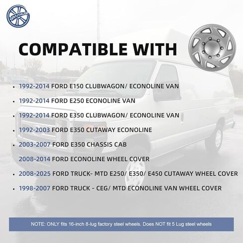 أغطية عجلات مقاس 16 بوصة لسيارة Ford E150/E250/E350 Econoline Vans & Clubwagon 1992-2014 | 1992-2003 E350 كوتاواي | 2003-2007 E350 شاسيه كاب | 2008-2025 E250/E350/E450 كوتاواي | 4 عبوات من أغطية الإطارات الفضية اللامعة in Kuwait