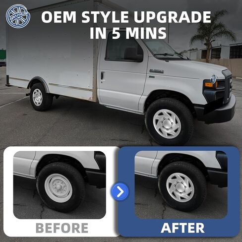 أغطية عجلات مقاس 16 بوصة لسيارة Ford E150/E250/E350 Econoline Vans & Clubwagon 1992-2014 | 1992-2003 E350 كوتاواي | 2003-2007 E350 شاسيه كاب | 2008-2025 E250/E350/E450 كوتاواي | 4 عبوات من أغطية الإطارات الفضية اللامعة in Kuwait
