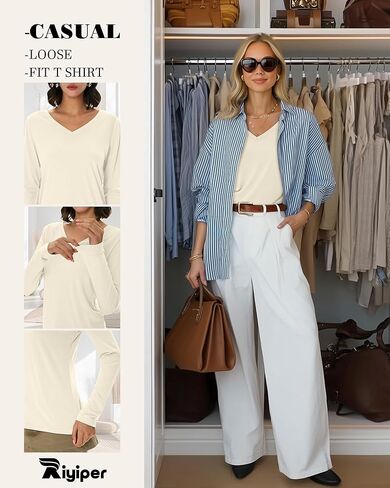 Riyiper 3 Pcs Women's V Neck T Shirts Long Sleeve Tops Casual Loose Fit Straight Hem T Shirt Basic Tees in Kuwait