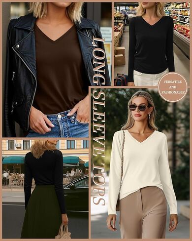 Riyiper 3 Pcs Women's V Neck T Shirts Long Sleeve Tops Casual Loose Fit Straight Hem T Shirt Basic Tees in Kuwait