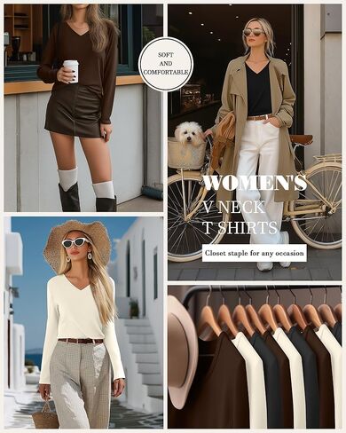 Riyiper 3 Pcs Women's V Neck T Shirts Long Sleeve Tops Casual Loose Fit Straight Hem T Shirt Basic Tees in Kuwait