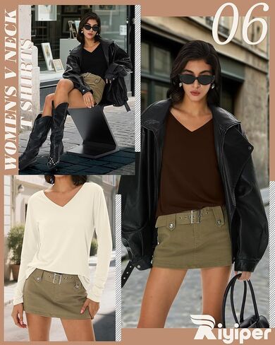 Riyiper 3 Pcs Women's V Neck T Shirts Long Sleeve Tops Casual Loose Fit Straight Hem T Shirt Basic Tees in Kuwait