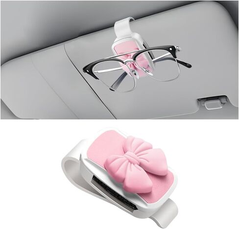 Car Visor Sunglasses Holder, Cute Bow Vehicle Sun Visor Eyeglasses & Ticket Card Hanger Clip, Convenient Auto Sunglasses Organizer for Women Girls, Universal for Truck SUV Sedan (Pink) in Saudi Arabia