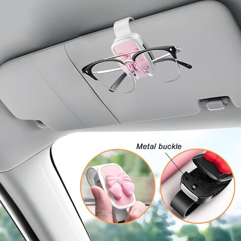 Car Visor Sunglasses Holder, Cute Bow Vehicle Sun Visor Eyeglasses & Ticket Card Hanger Clip, Convenient Auto Sunglasses Organizer for Women Girls, Universal for Truck SUV Sedan (Pink) in Saudi Arabia