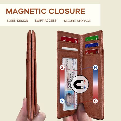 Zitahli Mens Slim Wallet - RFID Blocking Leather Bifold with Magnetic Closure, 12+ Card Capacity ID Window | Money Clip Gifts for Him in Saudi Arabia