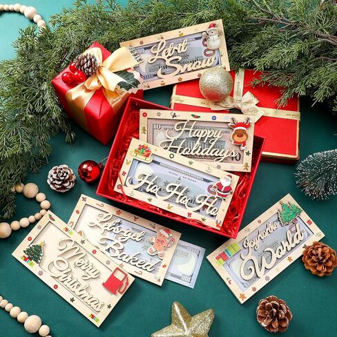 ReliThick 6 Pcs Wooden Christmas Money Holder Xmas Cash Holder Gifts Bulk Christmas Party Favors for College Students Xmas Holiday Party Favors Wood Money Decor in Saudi Arabia