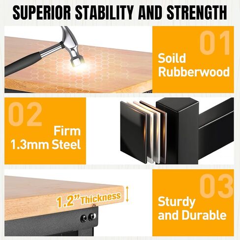 Adjustable Height Workbench, Heavy Duty Table Rubber Wood Workstation with Power Outlet & Pegboard for Garage, Office, Workshop, Home,Commercial (48"×24") in Kuwait