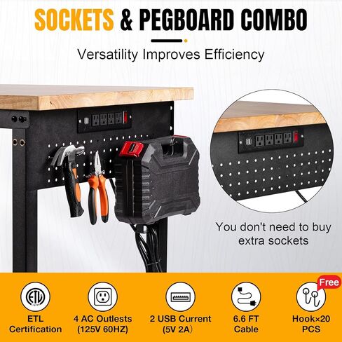 Adjustable Height Workbench, Heavy Duty Table Rubber Wood Workstation with Power Outlet & Pegboard for Garage, Office, Workshop, Home,Commercial (48"×24") in Kuwait