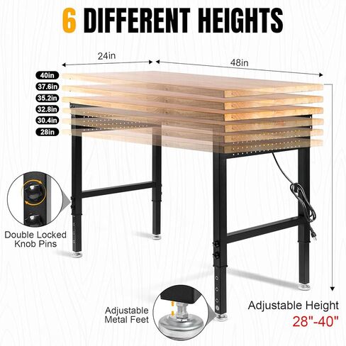 Adjustable Height Workbench, Heavy Duty Table Rubber Wood Workstation with Power Outlet & Pegboard for Garage, Office, Workshop, Home,Commercial (48"×24") in Kuwait
