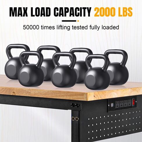 Adjustable Height Workbench, Heavy Duty Table Rubber Wood Workstation with Power Outlet & Pegboard for Garage, Office, Workshop, Home,Commercial (48"×24") in Kuwait