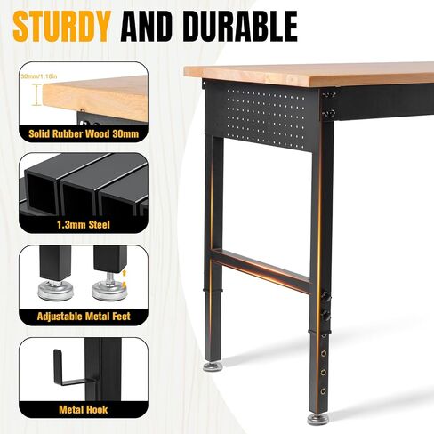 Adjustable Height Workbench, Heavy Duty Table Rubber Wood Workstation with Power Outlet & Pegboard for Garage, Office, Workshop, Home,Commercial (48"×24") in Kuwait