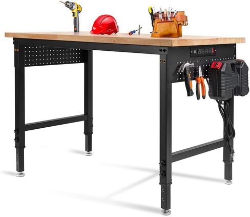 Adjustable Height Workbench, Heavy Duty Table Rubber Wood Workstation with Power Outlet & Pegboard for Garage, Office, Workshop, Home,Commercial (48"×24") in Kuwait
