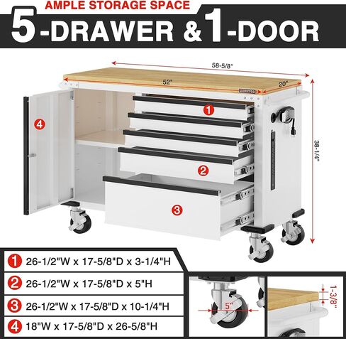 WORKPRO 52" x 20" 5-Drawer & 1-Door Rolling Tool Chest, Heavy Duty Tool Chest with Wheels, Power Strip, Locking System, Rolling Cabinet for Garage, Home & Kitchen, 1000 lbs Capacity in Saudi Arabia