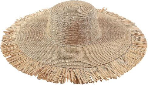 Fashionable Bohemian Summer Outdoor Tassel Large Brim Sunshade Hat Leisure Vacation Woven Fur Brim Straw Hat for Women Brown in Saudi Arabia