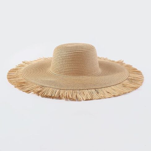 Fashionable Bohemian Summer Outdoor Tassel Large Brim Sunshade Hat Leisure Vacation Woven Fur Brim Straw Hat for Women Brown in Saudi Arabia
