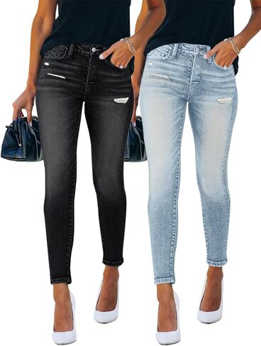 PerZeal Women's Mid Waisted Jeans Trendy Distressed Stretch Ripped Denim Pants (Pack of 2) in Saudi Arabia