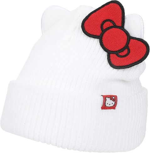 Hello Kitty Novelty Ear White Acrylic Beanie with Cut Fabric Bow with Embroidery and Red Woven Label Cuff Beanie in Saudi Arabia