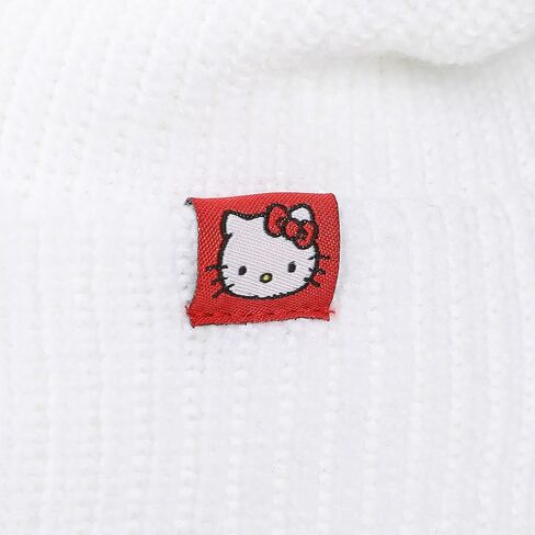 Hello Kitty Novelty Ear White Acrylic Beanie with Cut Fabric Bow with Embroidery and Red Woven Label Cuff Beanie in Saudi Arabia