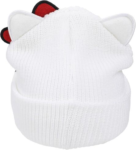 Hello Kitty Novelty Ear White Acrylic Beanie with Cut Fabric Bow with Embroidery and Red Woven Label Cuff Beanie in Saudi Arabia