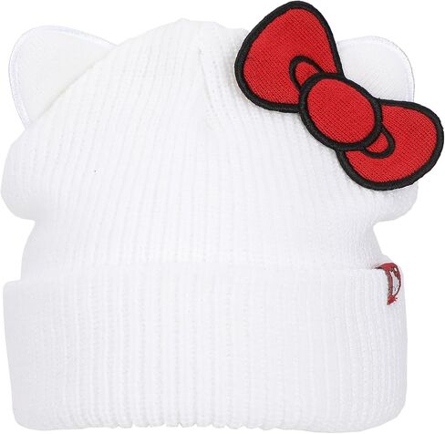 Hello Kitty Novelty Ear White Acrylic Beanie with Cut Fabric Bow with Embroidery and Red Woven Label Cuff Beanie in Saudi Arabia