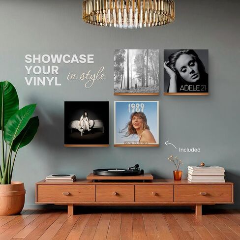 VOL-KI 4-Pack Vinyl Record Shelf Wall Mount – Solid NZ Pine Wood Floating Vinyl Display Shelf & Record Holder, Includes Now Playing Display, Marking Strip & Mini Level (Rich Walnut) in Saudi Arabia