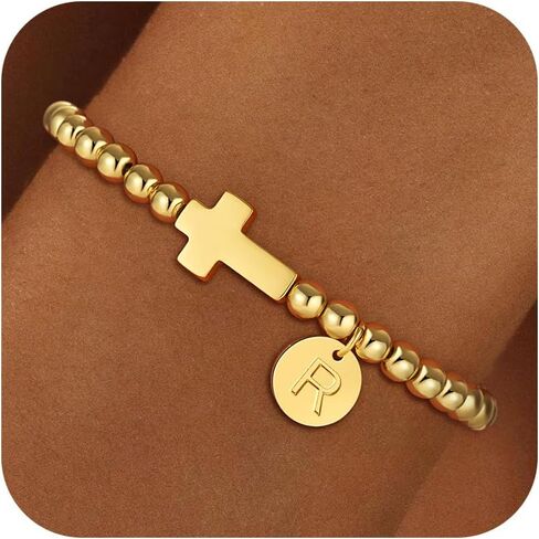 Gold Initial Bracelets for Women Girls Kids, Dainty 18K Gold Plated Cross Initial Bracelet Non Tarnish Beaded Bracelets Personalized Birthday Gifts for Women Girls Jewelry in Kuwait
