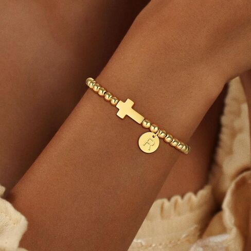 Gold Initial Bracelets for Women Girls Kids, Dainty 18K Gold Plated Cross Initial Bracelet Non Tarnish Beaded Bracelets Personalized Birthday Gifts for Women Girls Jewelry in Kuwait