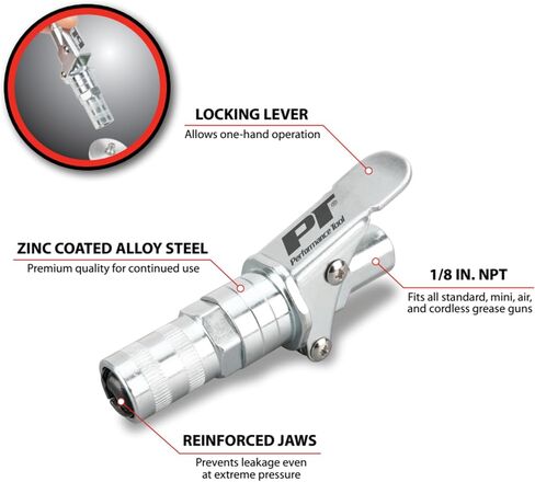 Performance Tool W54238 Heavy Duty Grease Coupler for Grease Guns, 12,000 PSI, Zinc Coated Alloy Steel, Smooth Retraction Mechanism, 1/8 NPT in Saudi Arabia