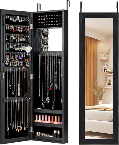 COSTWAY Full Length Mirror Jewelry Armoire, Wall Door Mounted Jewelry Cabinet Organizer with Makeup Mirror, Ring Slots and Necklace Hooks for Bedroom, Dressing Room (Pink) in Saudi Arabia