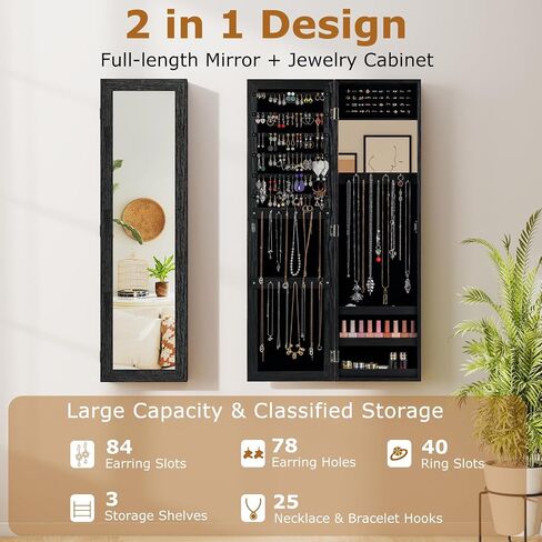 COSTWAY Full Length Mirror Jewelry Armoire, Wall Door Mounted Jewelry Cabinet Organizer with Makeup Mirror, Ring Slots and Necklace Hooks for Bedroom, Dressing Room (Pink) in Saudi Arabia