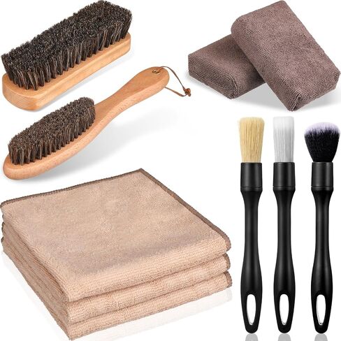 Weysat 10 Pcs Leather Car Interior Detailing Brush Set, Microfiber Cloth Applicator, Absorbent Sponge Block, Natural Bristles Brushes Scratch-free Ultra-soft for Interiors Furniture Seats Leather Care in Saudi Arabia