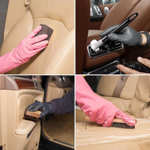 Weysat 10 Pcs Leather Car Interior Detailing Brush Set, Microfiber Cloth Applicator, Absorbent Sponge Block, Natural Bristles Brushes Scratch-free Ultra-soft for Interiors Furniture Seats Leather Care in Saudi Arabia