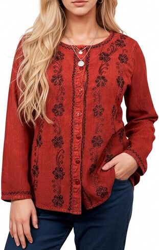 Agan Traders Fall Long Sleeve Button Down Bohemian Tops for Women - Embroidered Blouse Shirt with Adjustable Rope Ties in Kuwait