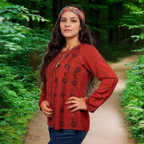 Agan Traders Fall Long Sleeve Button Down Bohemian Tops for Women - Embroidered Blouse Shirt with Adjustable Rope Ties in Kuwait