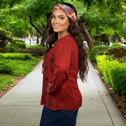 Agan Traders Fall Long Sleeve Button Down Bohemian Tops for Women - Embroidered Blouse Shirt with Adjustable Rope Ties in Kuwait