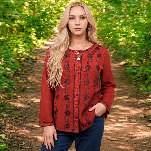 Agan Traders Fall Long Sleeve Button Down Bohemian Tops for Women - Embroidered Blouse Shirt with Adjustable Rope Ties in Kuwait