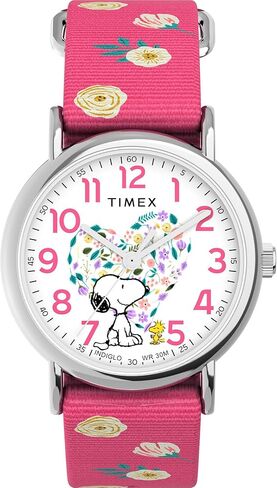ساعة Timex النسائية Peanuts Weekender Floral 38 ملم - حزام وردي ومينا بيضاء وحافظة فضية اللون in Saudi Arabia