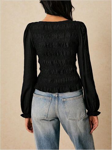SHENHE Women's Puff Long Sleeve T Shirt Crew Neck Shirred Ruffle Fitted Tee Tops in Saudi Arabia