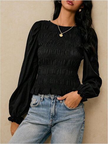 SHENHE Women's Puff Long Sleeve T Shirt Crew Neck Shirred Ruffle Fitted Tee Tops in Saudi Arabia