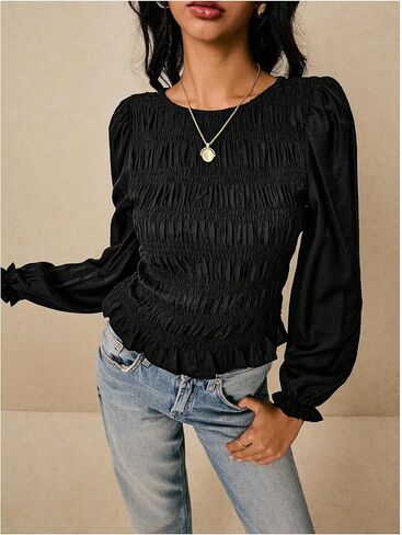 SHENHE Women's Puff Long Sleeve T Shirt Crew Neck Shirred Ruffle Fitted Tee Tops in Saudi Arabia