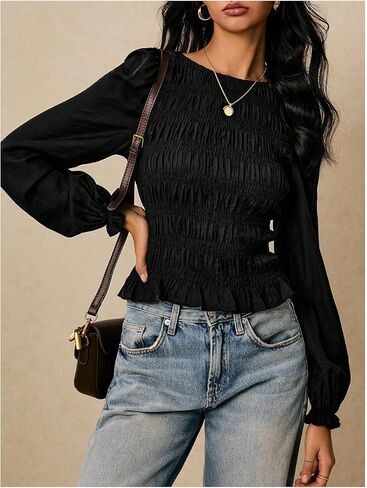 SHENHE Women's Puff Long Sleeve T Shirt Crew Neck Shirred Ruffle Fitted Tee Tops in Saudi Arabia